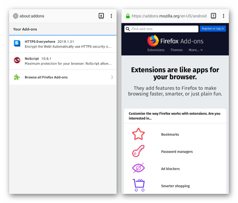 إدارة الإضافات في متصفح Tor على Android