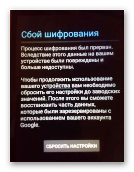 Пример за грешка Неуспех на шифроването на устройство с Android