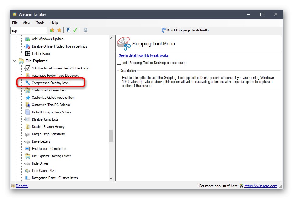 Потърсете опция в Winaero Tweaker в Windows 10, за да изключите сините стрелки