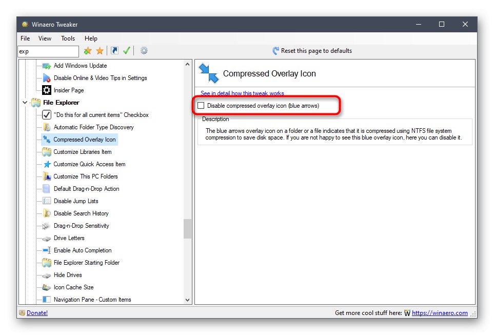 Деактивирайте сините стрелки чрез Winaero Tweaker в Windows 10