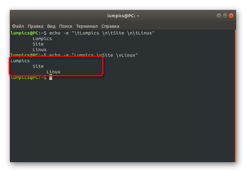 Rezultat upotrebe vertikalnih kartica za naredbu echo u Linuxu