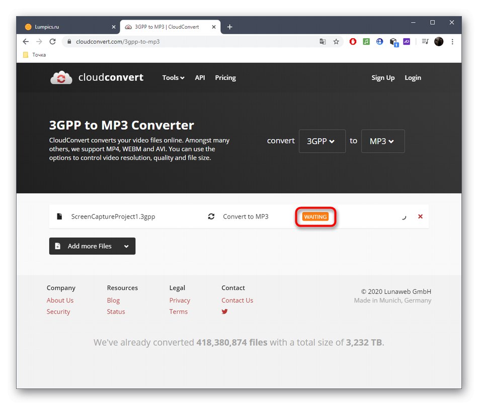 Процес конвертації 3GPP в MP3 через онлайн-сервіс CloudConvert