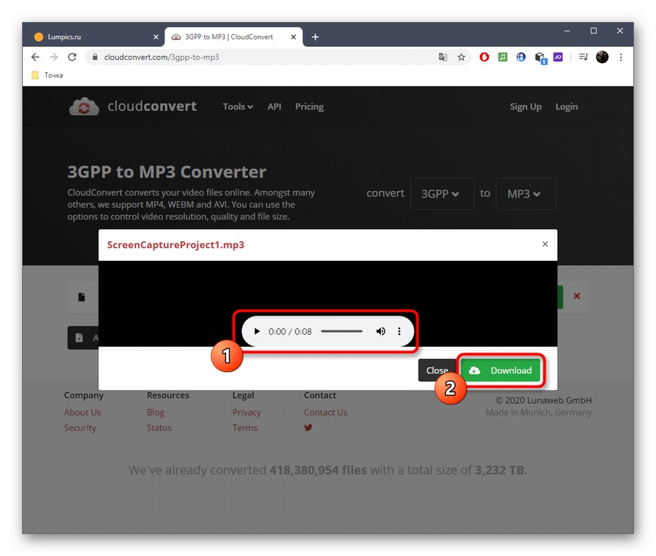 Завантаження файлу після конвертації 3GPP в MP3 через онлайн-сервіс CloudConvert