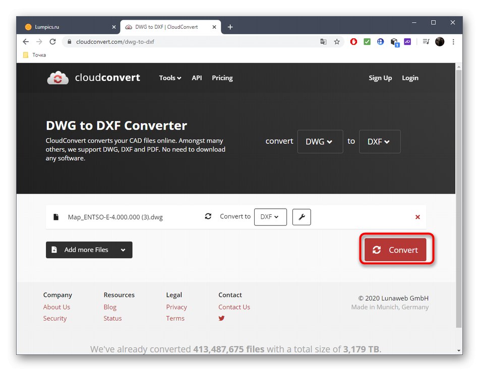 Запуск процесу конвертації DWG в DXF через онлайн-сервіс CloudConvert