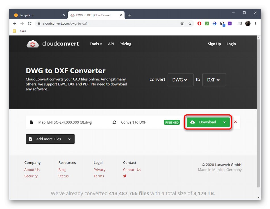Завантаження підсумкового файлу після конвертування DWG в DXF через онлайн-сервіс CloudConvert