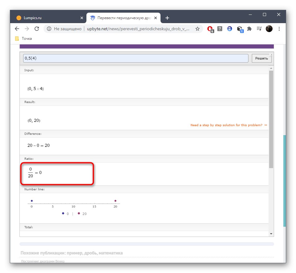 Rezultat pretvorbe periodičnega ulomka v navadni ulomek s pomočjo spletne storitve UpByte