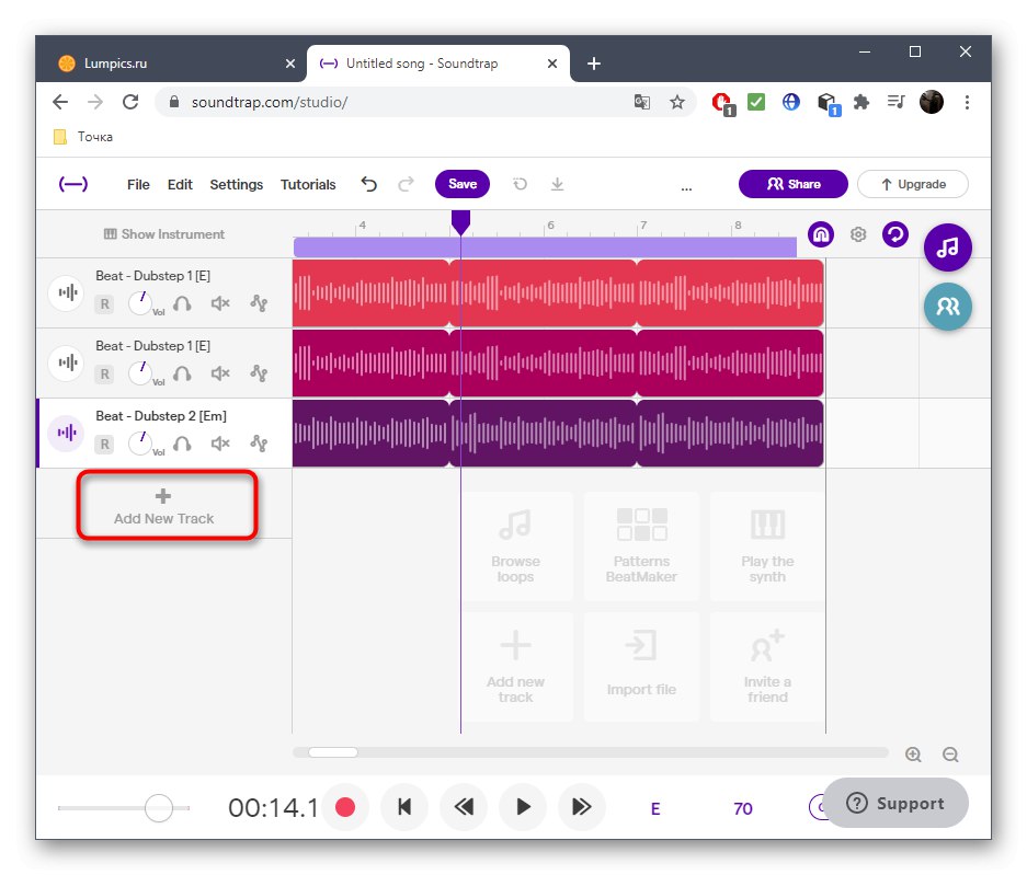 Преминете към добавяне на нови песни, когато създавате дубстеп песен в онлайн услугата SoundTrap