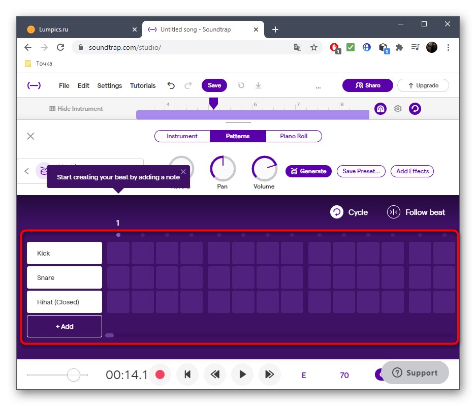 Настройване на барабанна част при създаване на дабстеп песен в онлайн услугата SoundTrap