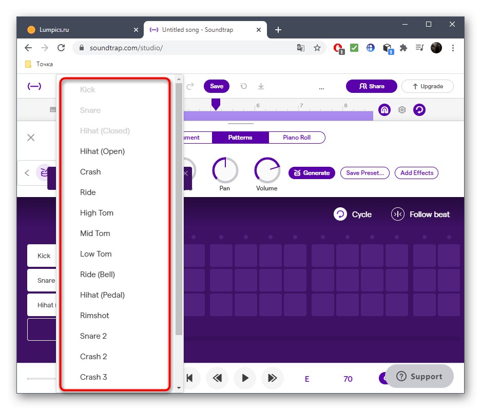 Избор на барабанни части при създаване на Dubstep Track в SoundTrap Online Service