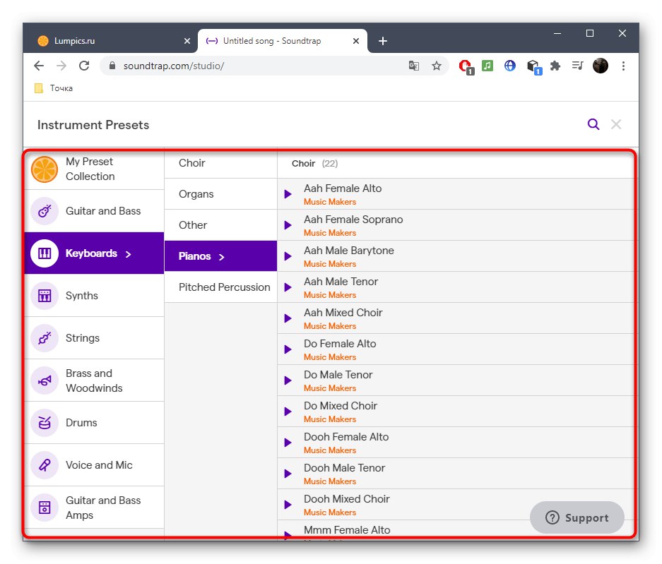 Избор на инструмент от списъка при създаване на дубстеп песен чрез онлайн услугата SoundTrap