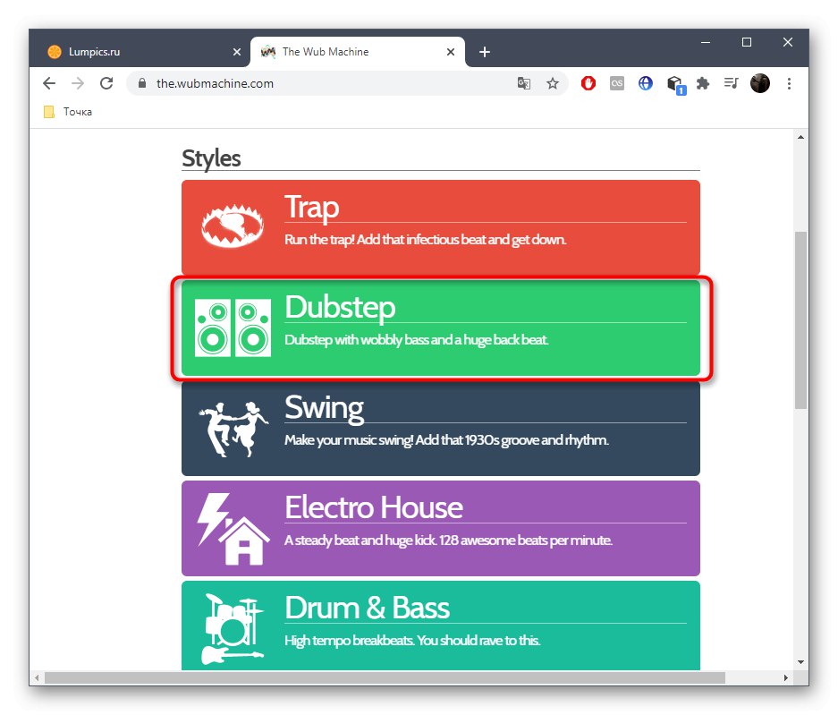 Избор на жанр музика за ремикс на песен чрез онлайн услугата The Wub Machine