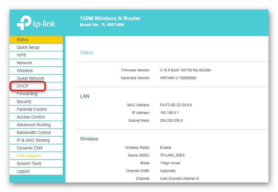Отварянето на секция в уеб интерфейса на рутера за разрешаване на DHCP не е активиран проблем на мрежовия адаптер Ethernet в Windows 10