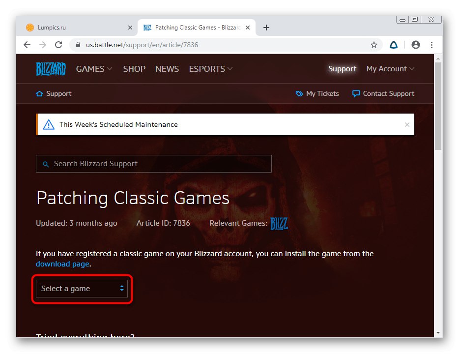 Izbira igre za prenos popravka Diablo 2 v sistemu Windows 7