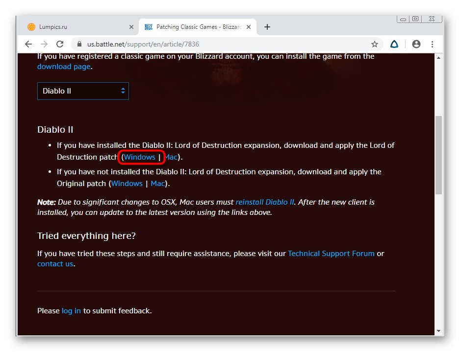 Izbira različice popravka Diablo 2 v operacijskem sistemu Windows 7 na uradni spletni strani