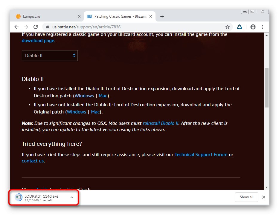 Zagon programa Diablo 2 Patch Executable v operacijskem sistemu Windows 7