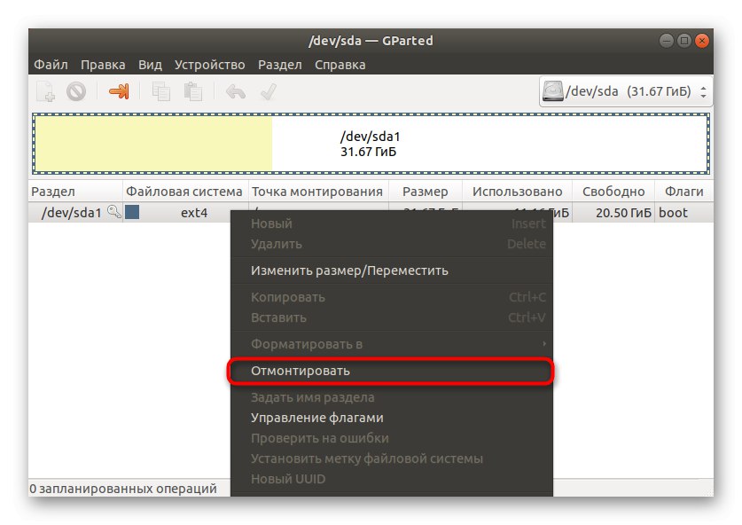 Odmontowywanie dysku w celu dalszego formatowania przez Gparted w systemie Linux