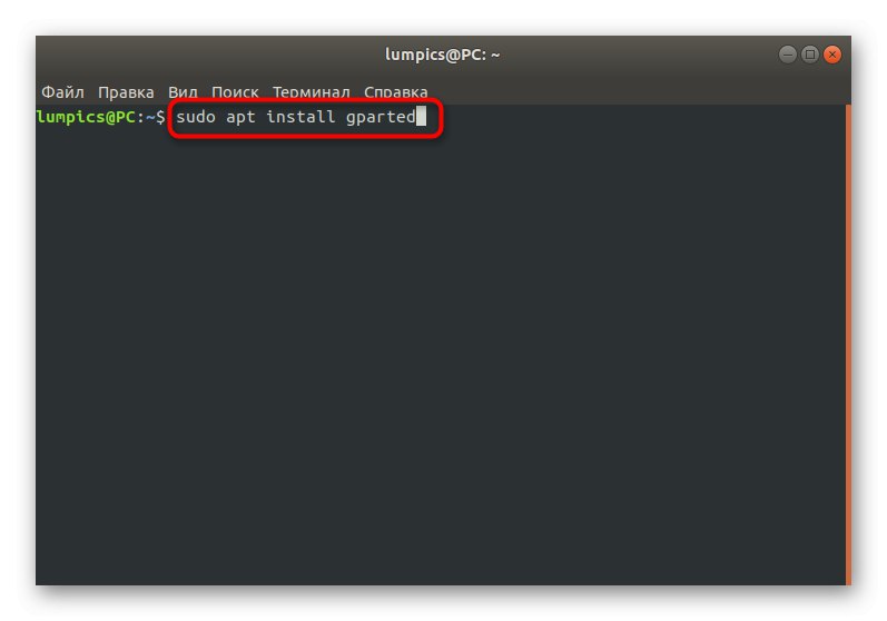 Wprowadzanie polecenia instalacji narzędzia Gparted w systemie Linux
