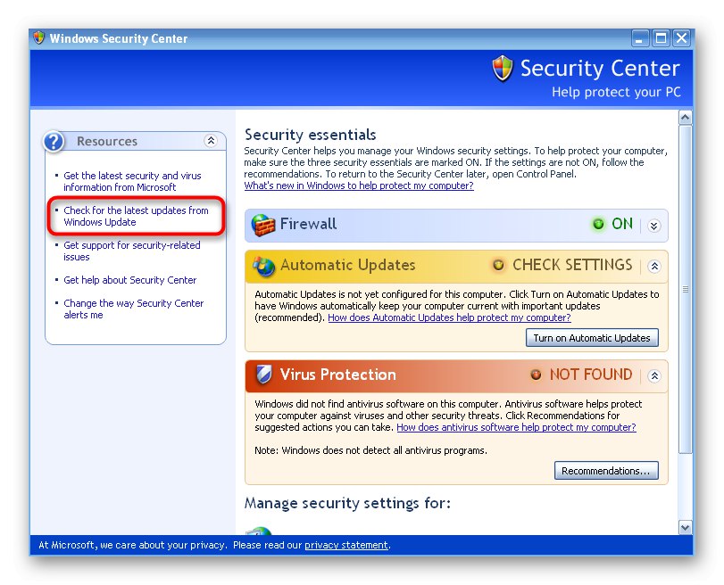 Při řešení problému se souborem bcrypt.dll v systému Windows XP přejděte na hledání aktualizací