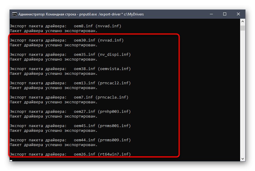 Proces vytváření kopií ovladačů pomocí alternativního příkazu v systému Windows 10