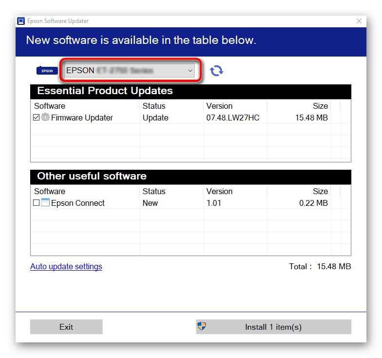 Избиране на Epson Stylus CX3900 устройство в официалната помощна програма за инсталиране на драйвери