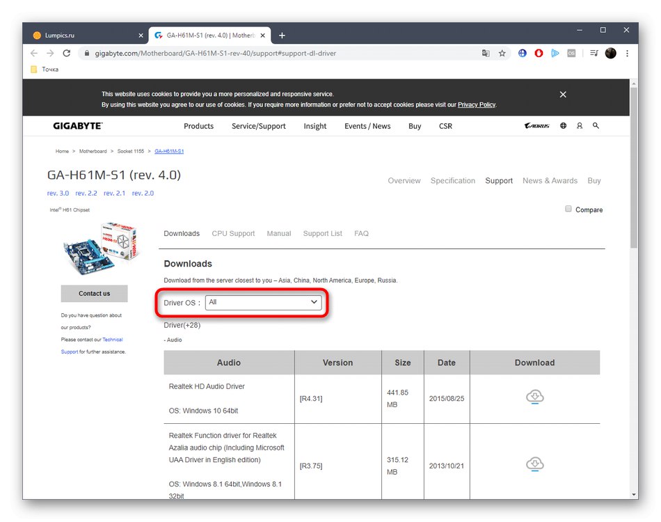 Výber operačného systému na stiahnutie ovládačov Gigabyte GA-H61M-S1 z oficiálnych webových stránok