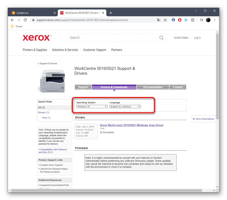 Výběr operačního systému před stažením ovladačů pro Xerox WorkCentre 5021 na oficiálních webových stránkách