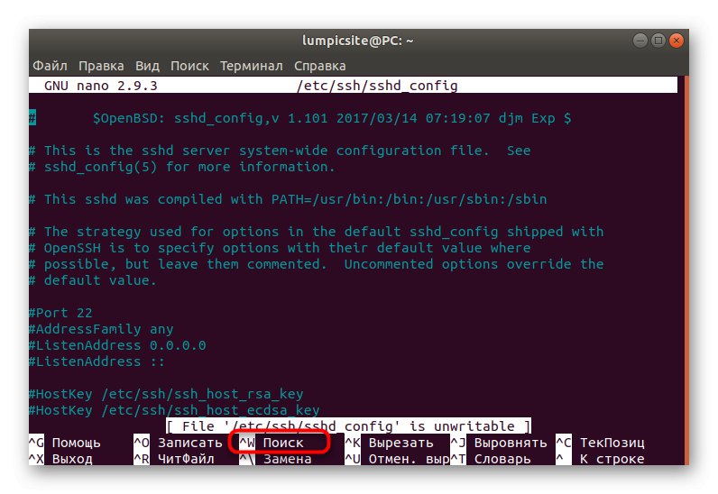 Spustenie funkcie vyhľadávania súborov prostredníctvom programu nano v systéme Linux