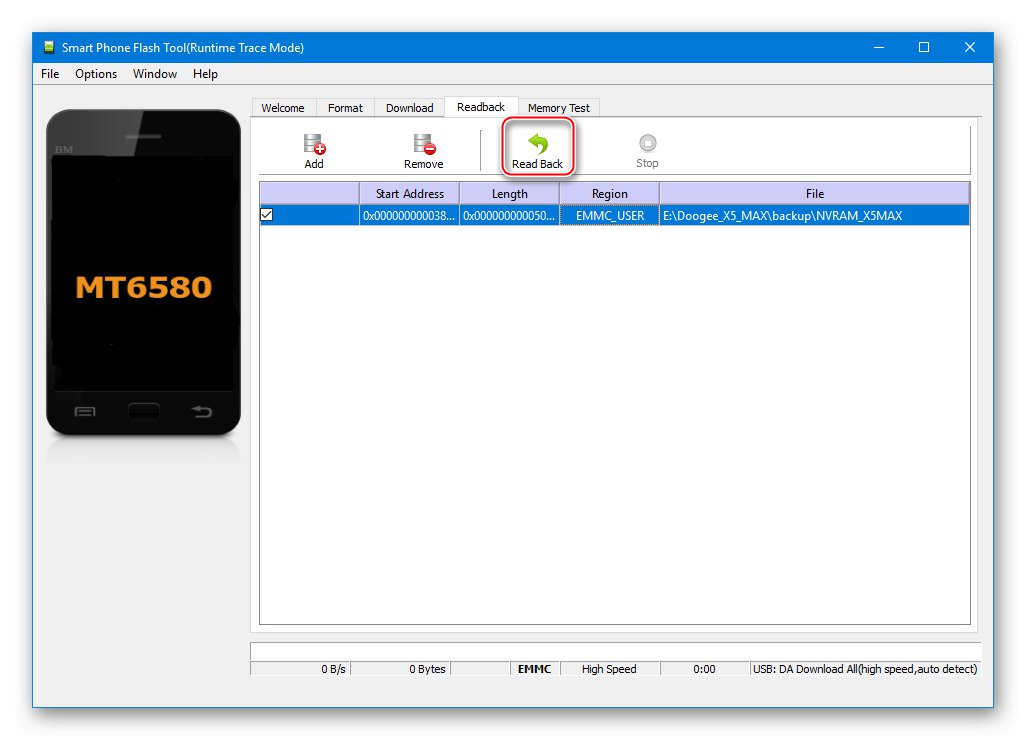 Spustenie zálohovania nástroja NVRAM doogee X5 MAX SP Flash Tool