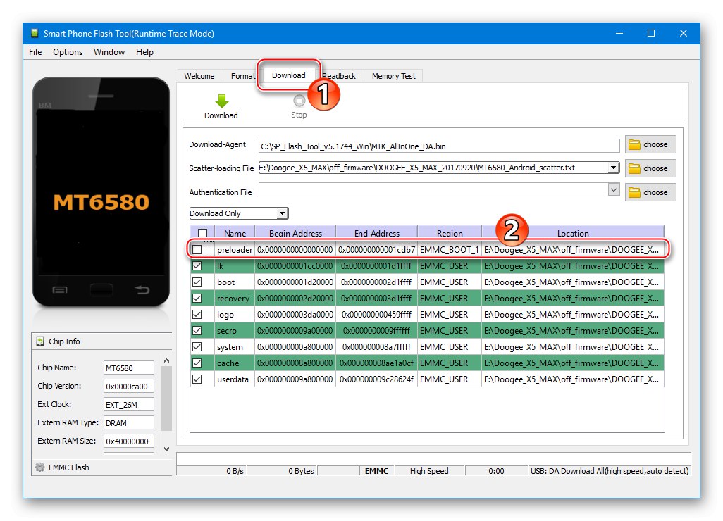Firmvér nástroja Doogee X5 MAX SP Flash Tool v režime Iba na stiahnutie bez predbežného načítania