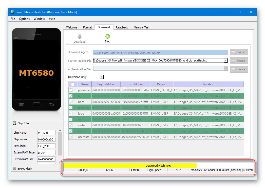 Priebeh inštalácie firmvéru nástroja Doogee X5 MAX SP Flash Tool