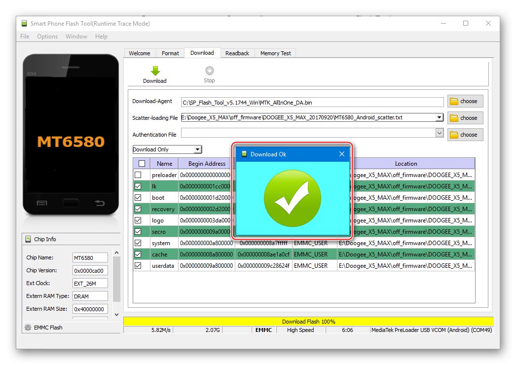 Firmvér počítača Doogee X5 MAX SP Flash Tool je dokončený