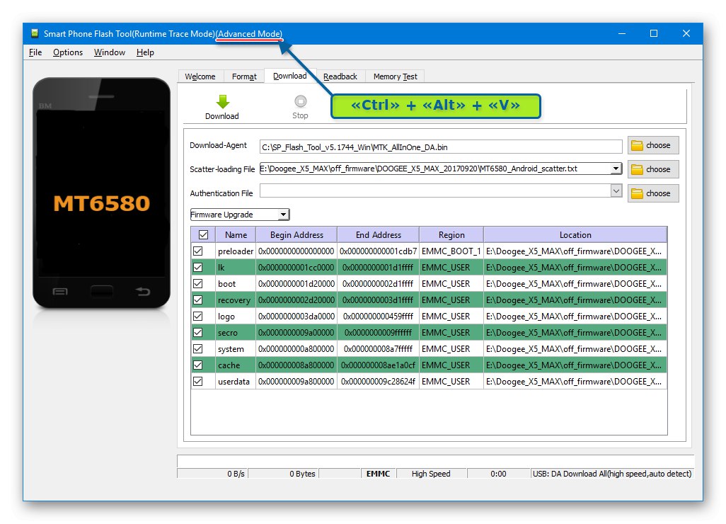 Aktivácia pokročilého režimu Doogee X5 MAX SP Flash Tool pre zotavenie NVRAM