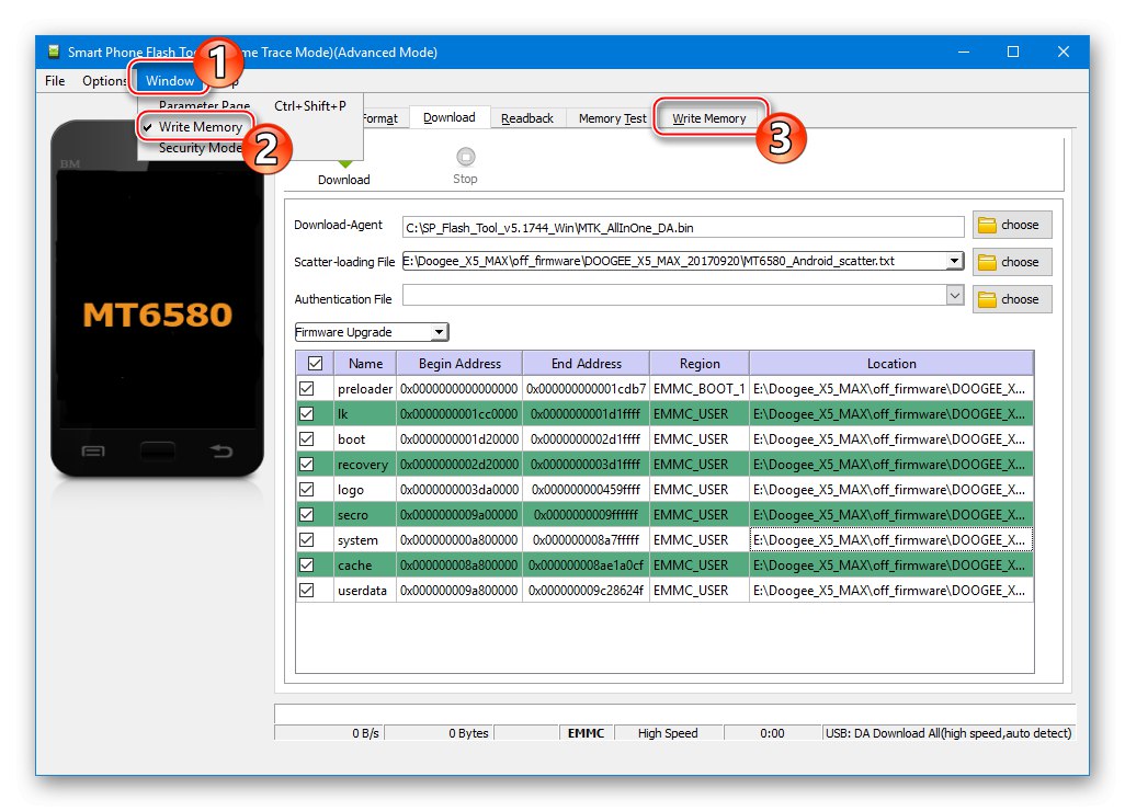 Flash nástroj Doogee X5 MAX SP zobrazujúci kartu Write Memory