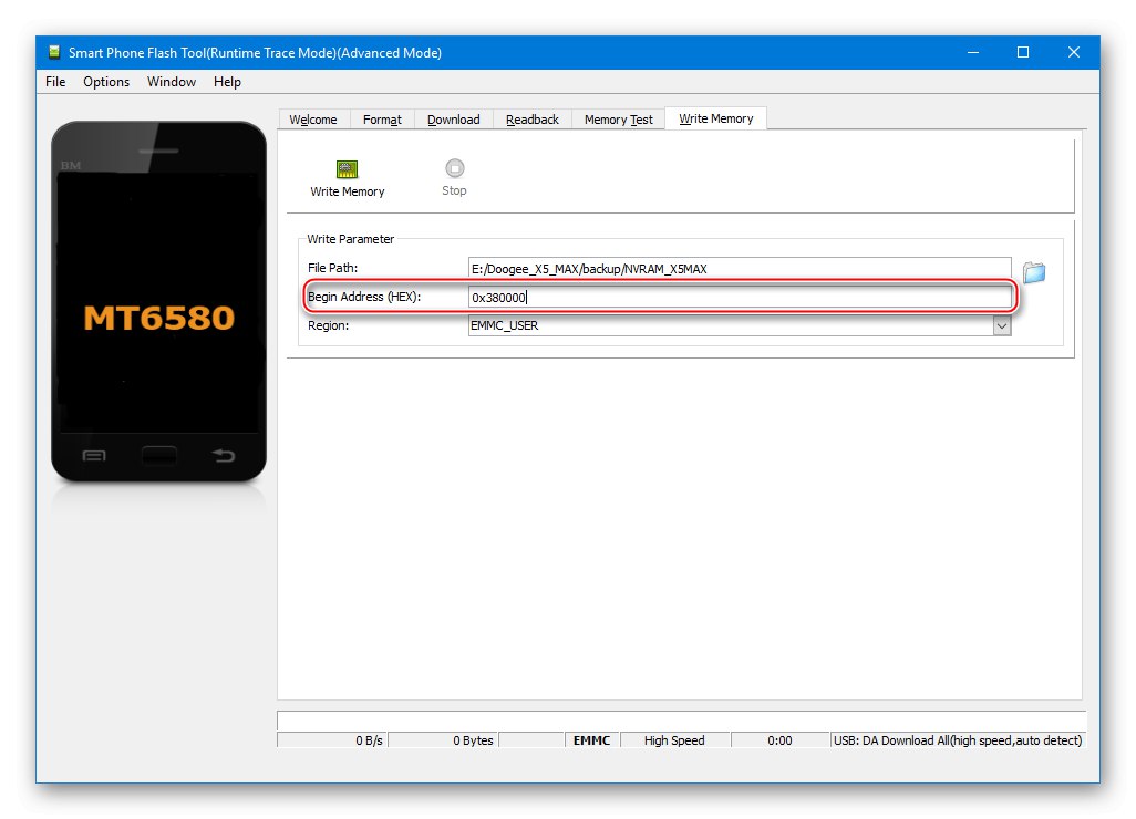 Flash nástroj Doogee X5 MAX SP určujúci hodnotu adresy pamäte pre zotavenie NVRAM