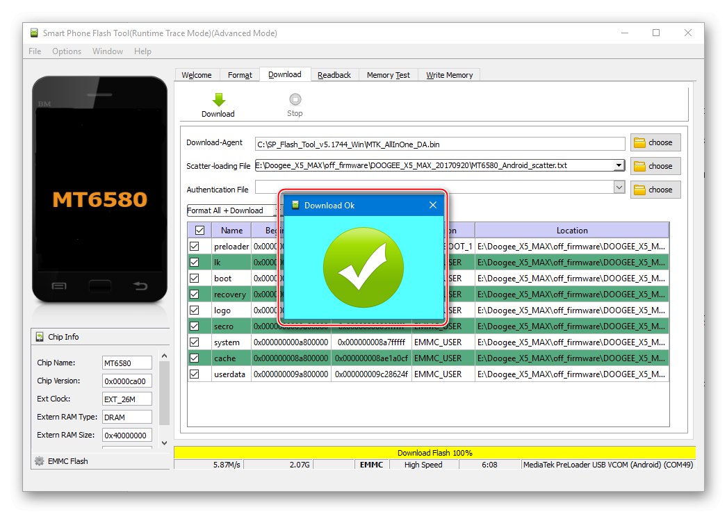 Obnovenie Doogee X5 MAX pomocou nástroja SP Flash bolo dokončené