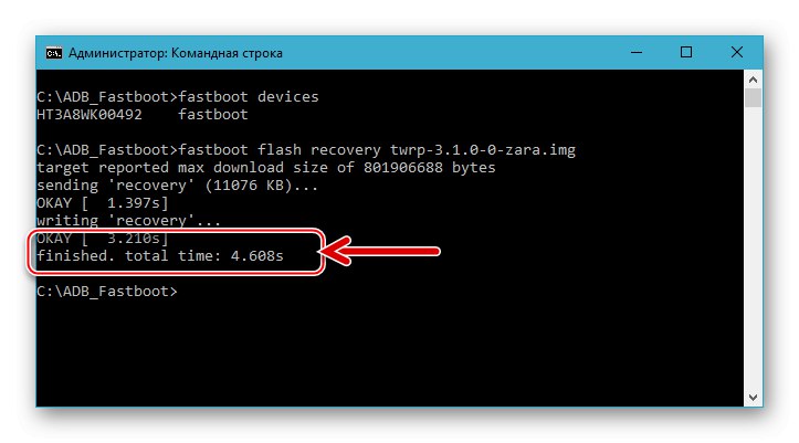HTC Desire 601 Fastboot - TWRP персонализираното изображение за възстановяване мига успешно - отговор на конзолата OKAY, завършен