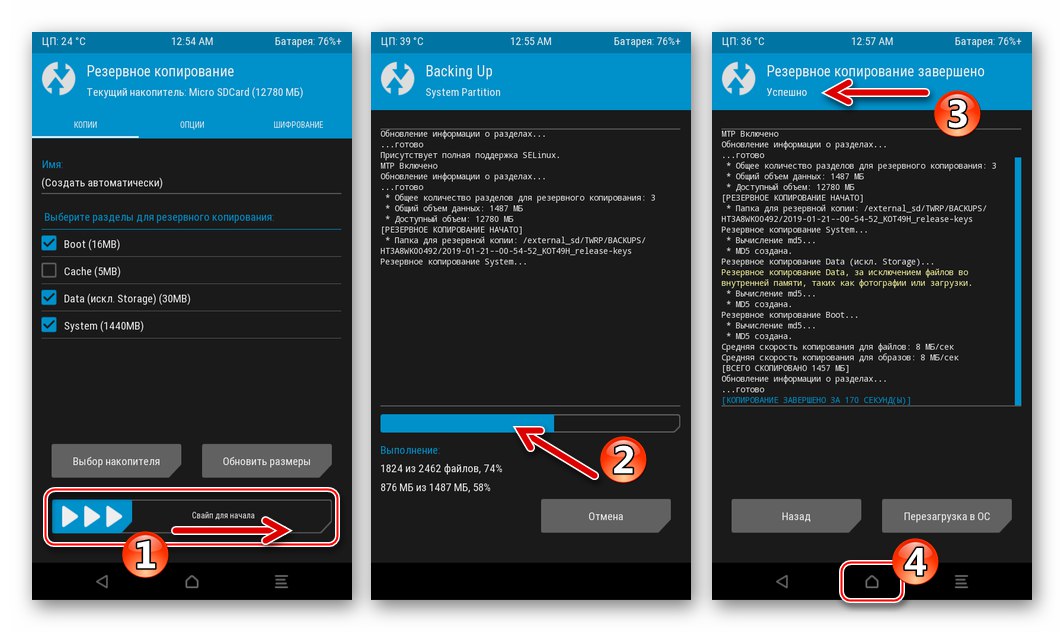 HTC Desire 601 архивира инсталирана Android OS чрез TWRP на картата с памет на смартфона