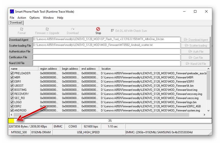 Процес на Lenovo A850 за инсталиране на модифициран фърмуер чрез SP Flash Tool v3