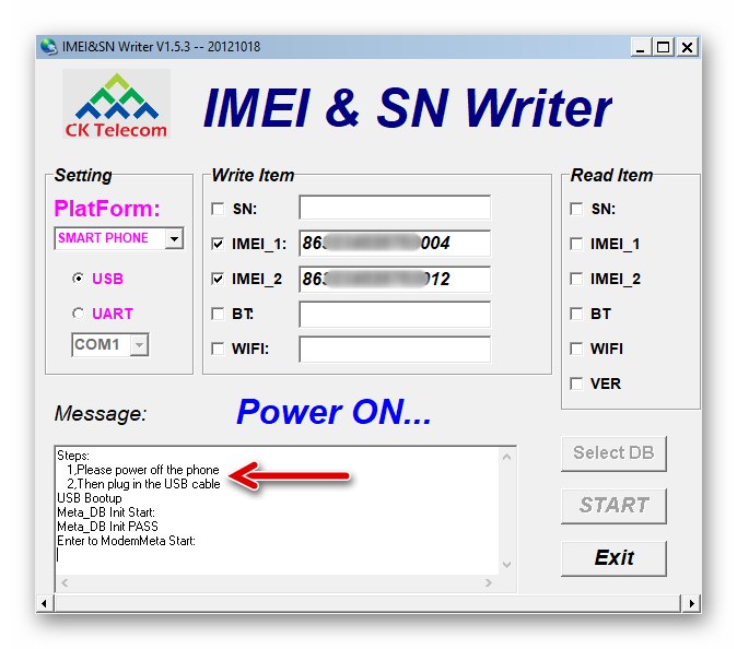 Lenovo A850 IMEI & SN Writer, свързващ устройството с мигащата програма IMEI