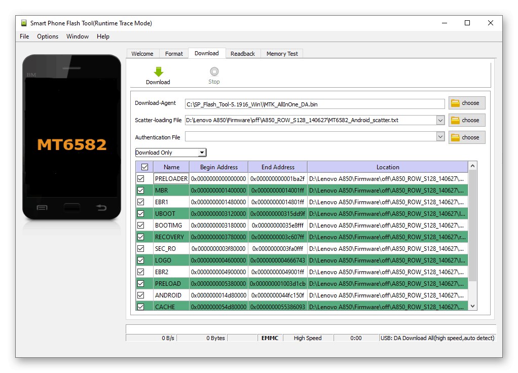 Разпръснат файл Lenovo A850, зареден в SP Flash Tool
