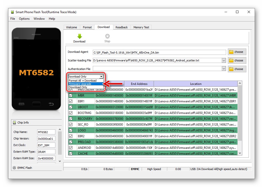 Lenovo A850 SP Flash Tool - Избор на режим на фърмуера - Надстройка на фърмуера