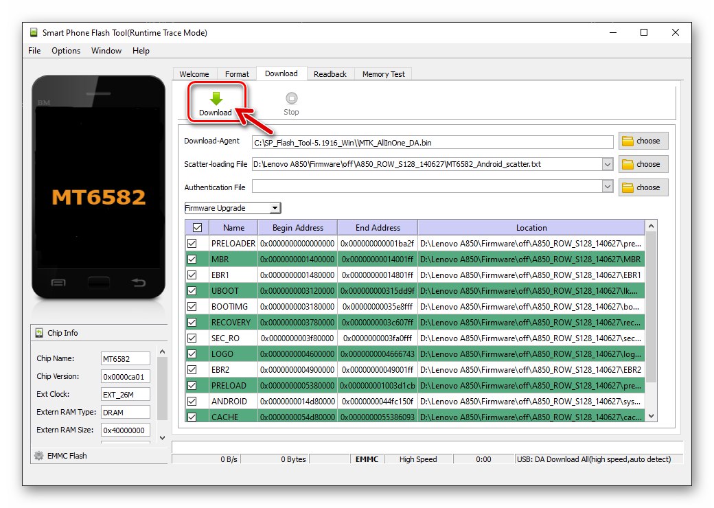 Lenovo A850 започва да мига в режим на надстройка на фърмуера чрез SP Flash Tool, свързвайки смартфон към компютър