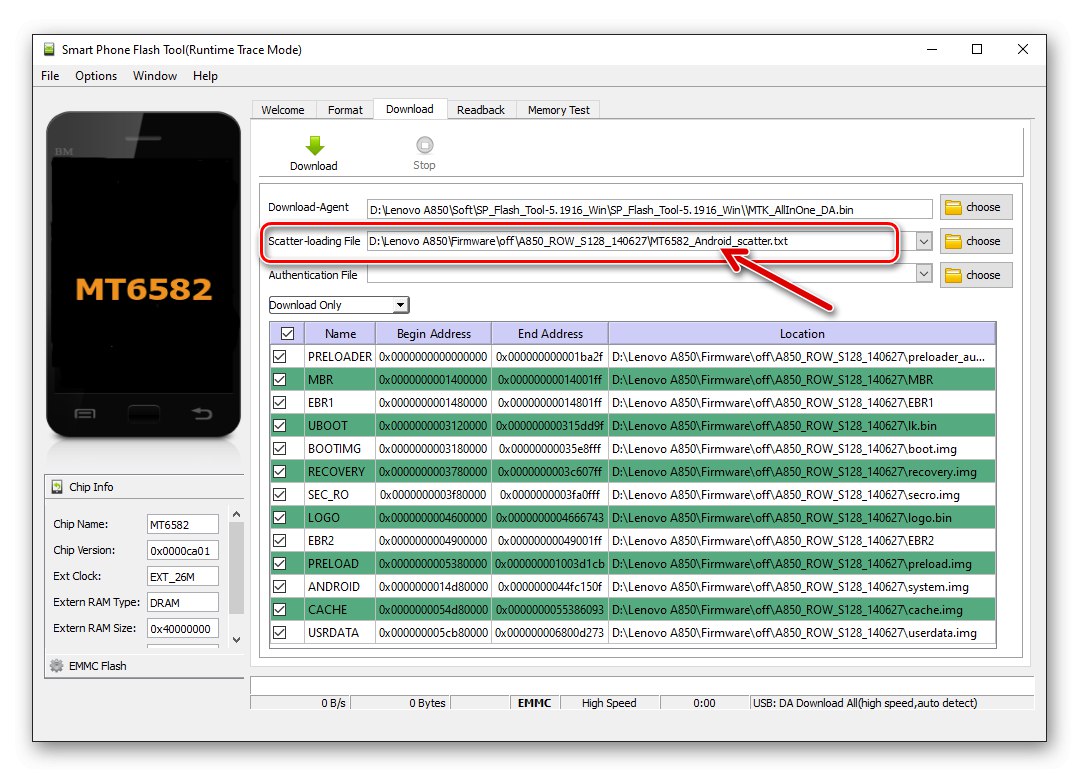 Lenovo A850 стартира SP Flash Tool изберете разпръснат файл, за да инсталирате TWRP