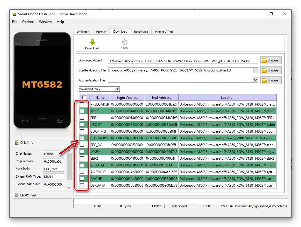 Lenovo A850 TWRP как да мига дял за възстановяване чрез SP Flash Tool