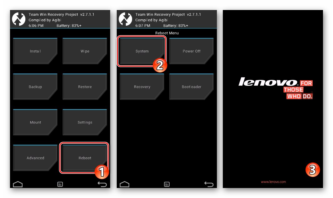Lenovo A850 рестартирайте към Android от персонализирано възстановяване на TWRP