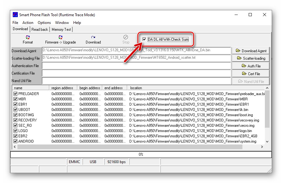 Lenovo A850 Flash Tool v3 Опция DA DL Всички с контролна сума