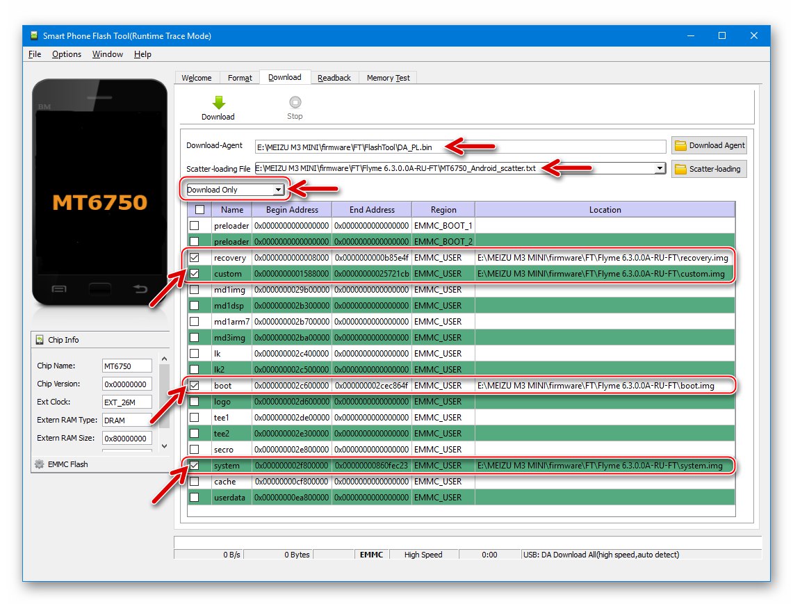 Прозорец на програмата Meizu M3 Mini SP Flash Tool преди фърмуера на модела