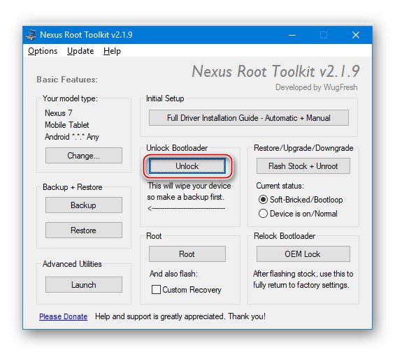 Google Nexus 7 3G (2012) NRT Tlačidlo „Odomknúť“ na odblokovanie pred blikaním