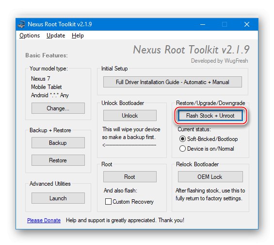 Firmvér Google Nexus 7 3G (2012) cez NRT - tlačidlo „Flash Stock + Unroot“