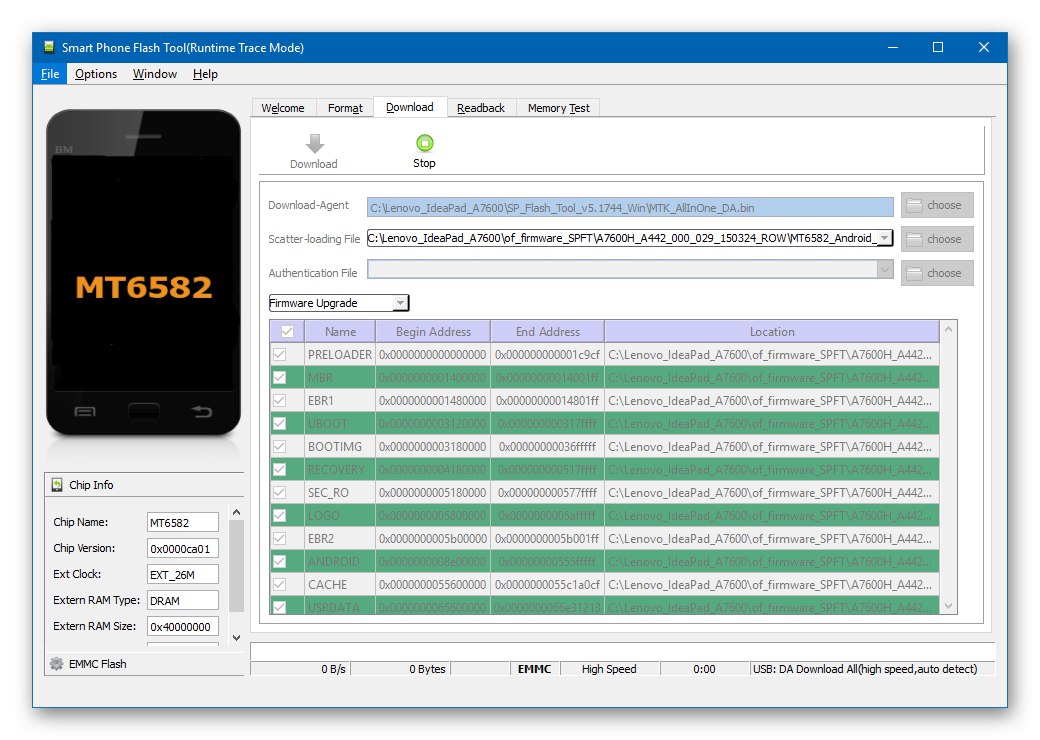 Lenovo IdeaPad A7600, свързващ устройството за мигане чрез SP Flash Tool